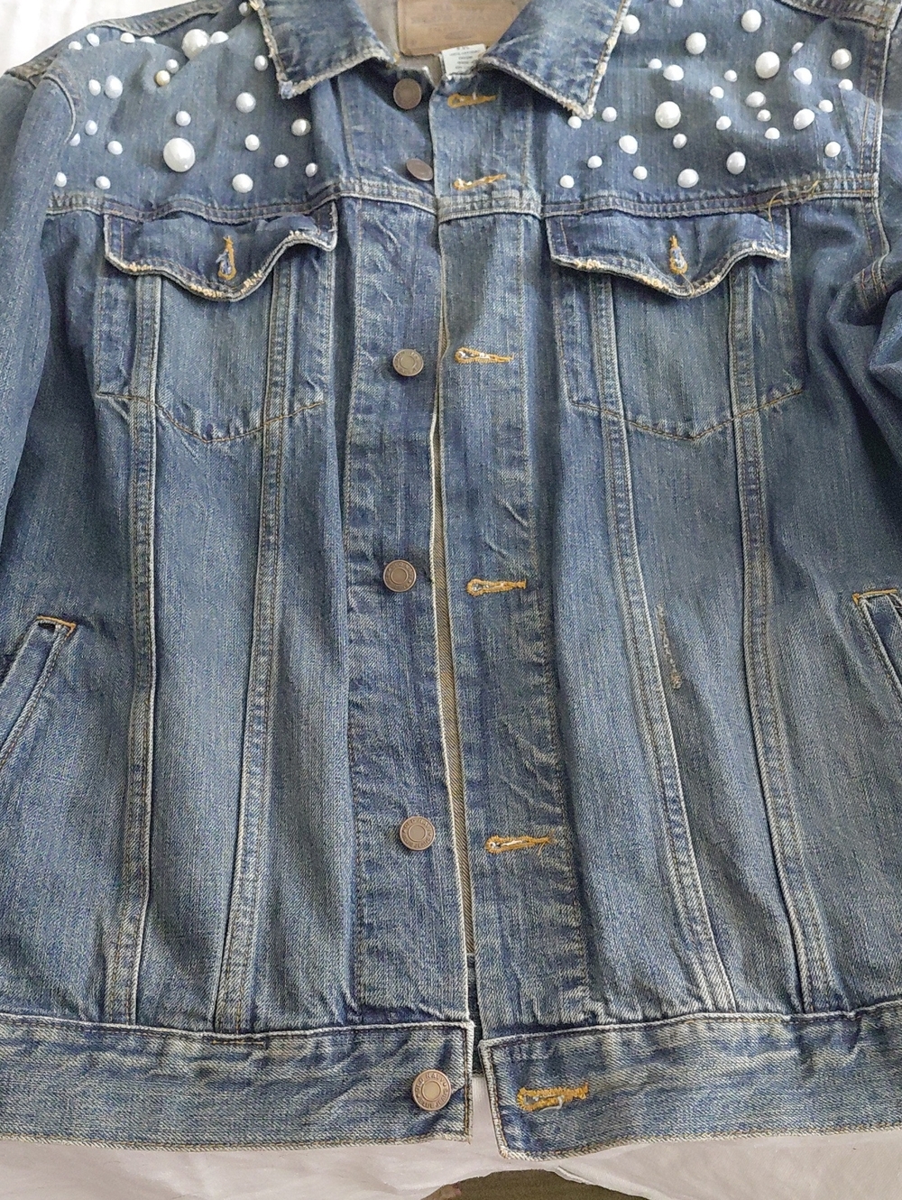 OOAK Hand Painted Denim Jacket Abstract Line Art Portrait Pearl Embellished - Picture 3 of 10